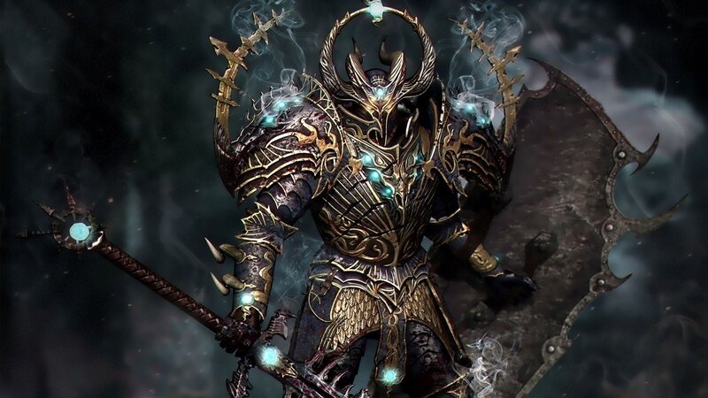 Armored Warrior with Staff — Black, Dramatic, Night, Digital Art, Shield, Smoke