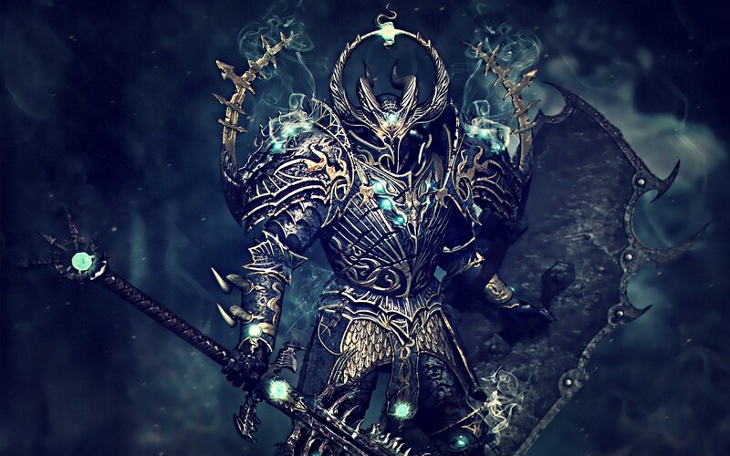 Armored Warrior with Staff — Black, Dramatic, Night