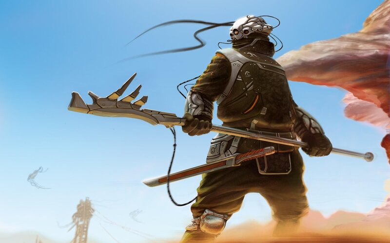 Armored Warrior with Staff — Blue, Dramatic