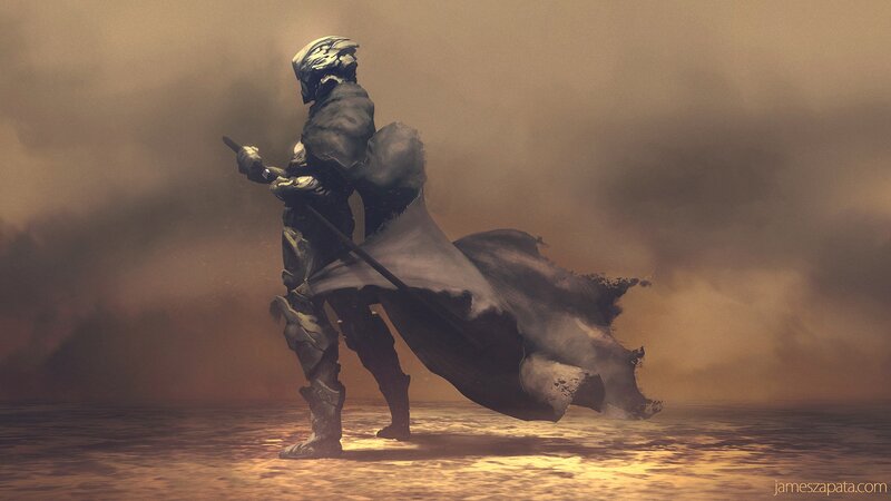 Armored Warrior with Staff — Brown, Dramatic, Sunset