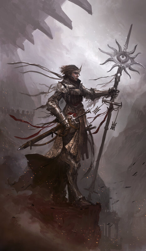 Armored Warrior with Staff — Gray, Dramatic