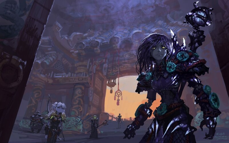 Armored Warrior with Staff — Purple, Dramatic, Sunset
