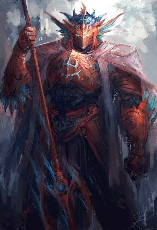Armored Warrior with Staff — Red, Dramatic