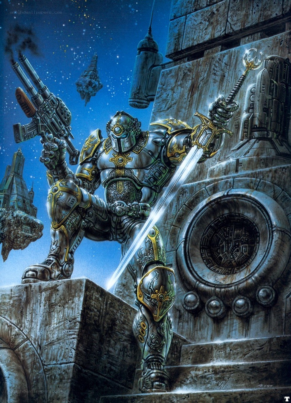 armored warrior with sword and gun