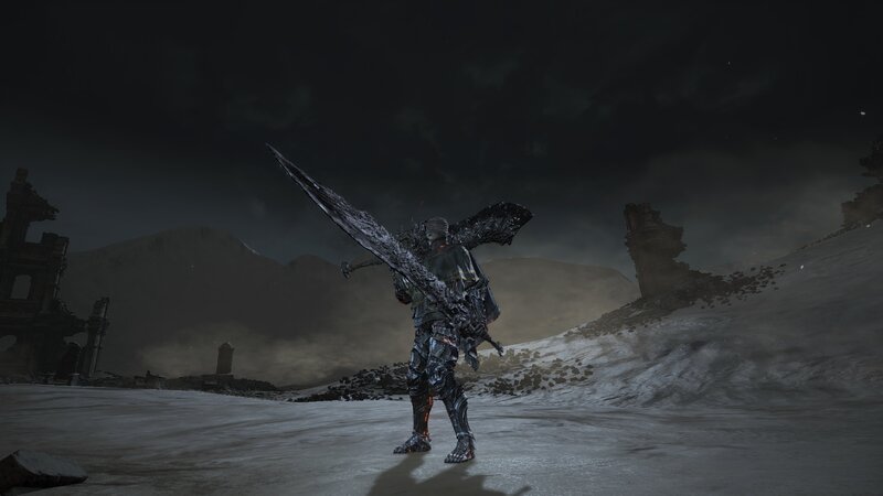 Armored Warrior with Sword — Black, Dark, Dramatic, Night, 3d Render, Ruins, Snow
