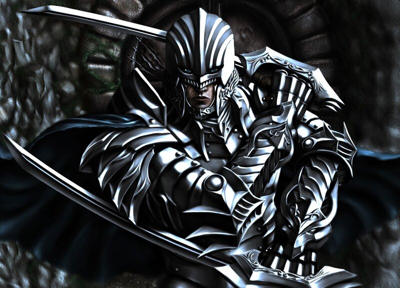 Armored Warrior with Sword — Black, Dramatic, Digital Art, Armor, Dark Background, Silver, Gray