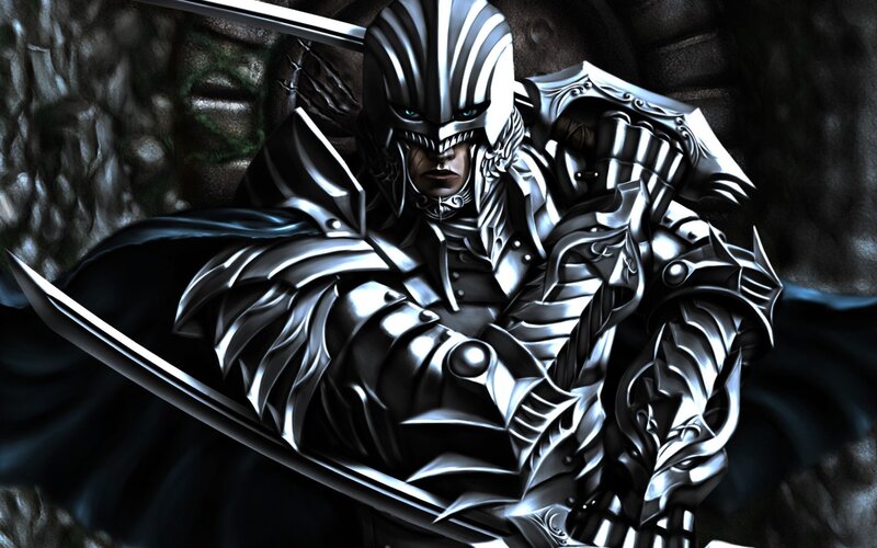 Armored Warrior with Sword — Black, Dramatic, Digital Art, Armor, Dark Background