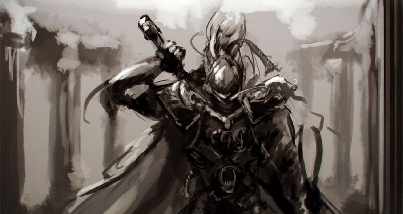 Armored Warrior with Sword — Black, Dramatic, Digital Art, Armor, Forest