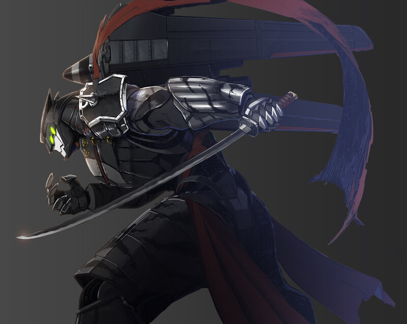 Armored Warrior with Sword — Black, Dramatic, Digital Art, Cape