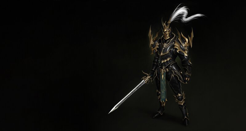 Armored Warrior with Sword — Black, Dramatic, Digital Art, Helmet, Plume