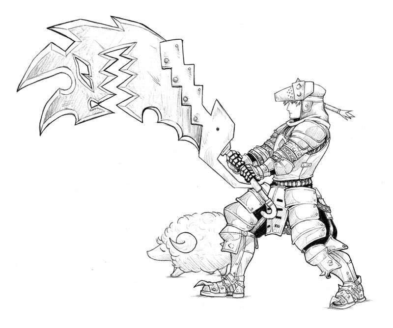 Armored Warrior with Sword — Black, Dramatic, Illustration, Sheep