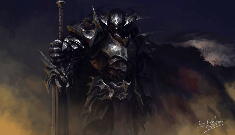 Armored Warrior with Sword — Black, Dramatic, Night, Digital Art, Armor, Cape