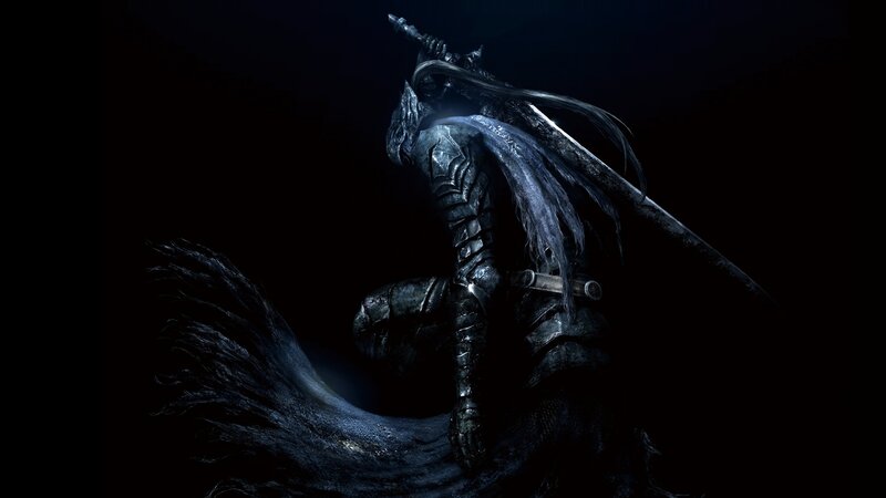 Armored Warrior with Sword — Black, Dramatic, Night, Digital Art, Armor, Dark Background, Gray, Blue