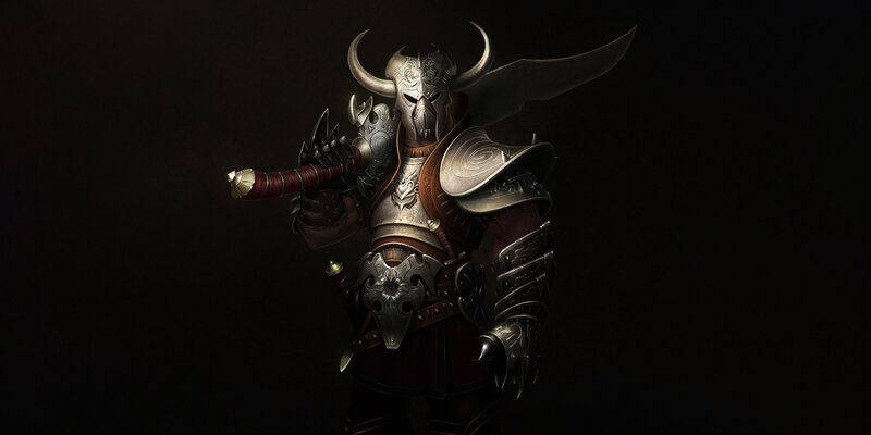Armored Warrior with Sword — Black, Dramatic, Night, Digital Art, Armor, Mask