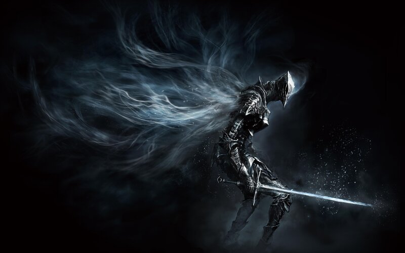 Armored Warrior with Sword — Black, Dramatic, Night, Digital Art, Armor, Smoke