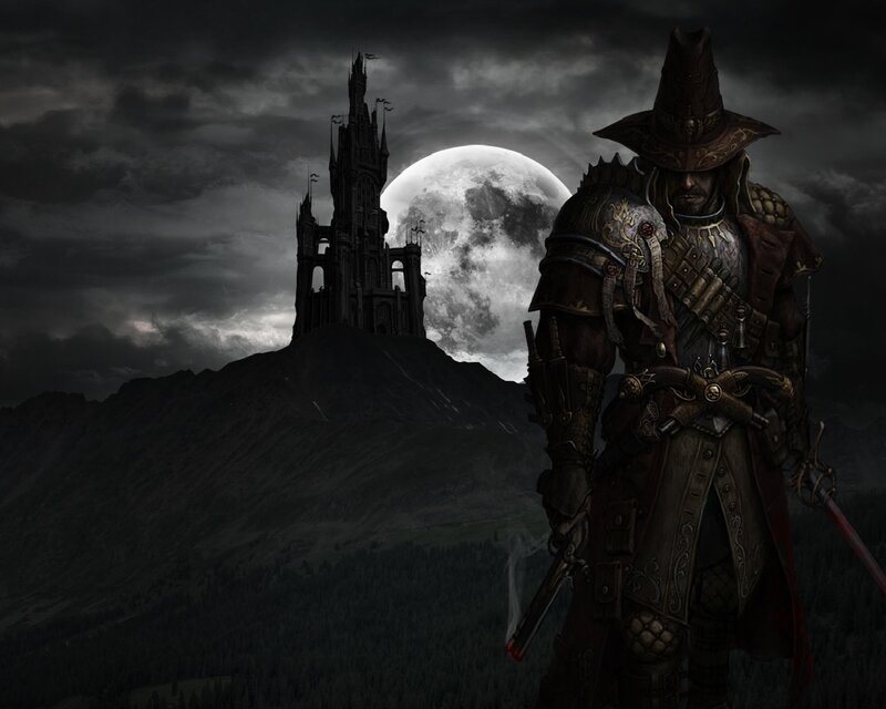 Armored Warrior with Sword — Black, Dramatic, Night, Digital Art, Castle