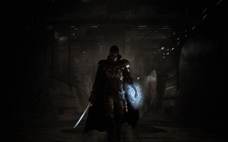 Armored Warrior with Sword — Black, Dramatic, Night, Digital Art, Electricity