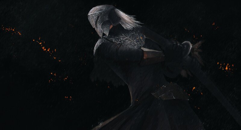 Armored Warrior with Sword — Black, Dramatic, Night, Digital Art, Fire, Rain
