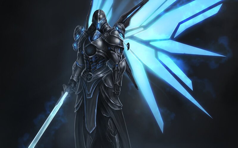 Armored Warrior with Sword — Black, Dramatic, Night, Digital Art, Wings