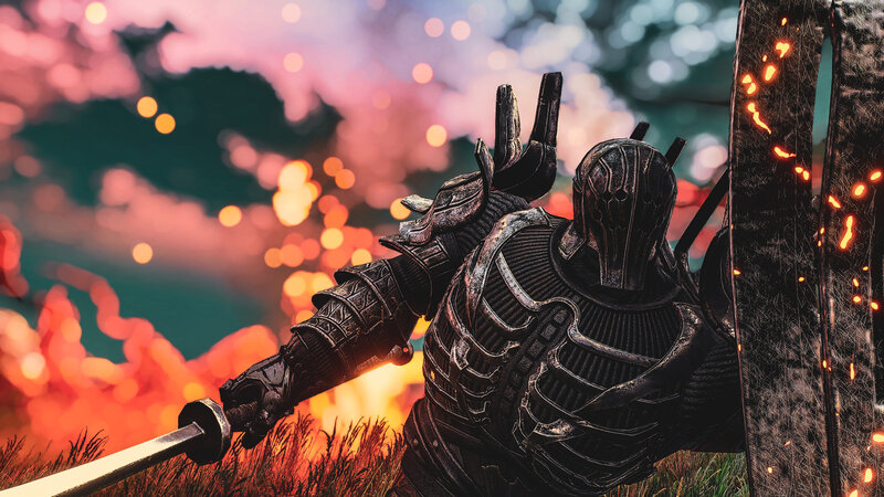 Armored Warrior with Sword — Black, Dramatic, Sunset, 3d Render