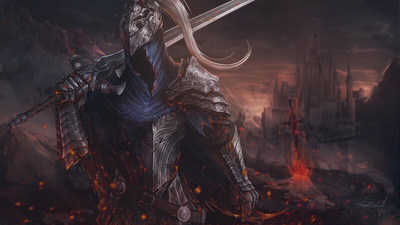 Armored Warrior with Sword — Black, Dramatic, Sunset, Digital Art, Castle