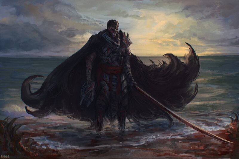 Armored Warrior with Sword — Black, Dramatic, Sunset, Digital Art, Ocean