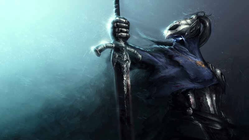 Armored Warrior with Sword — Blue, Dramatic, Digital Art, Armor, Cape