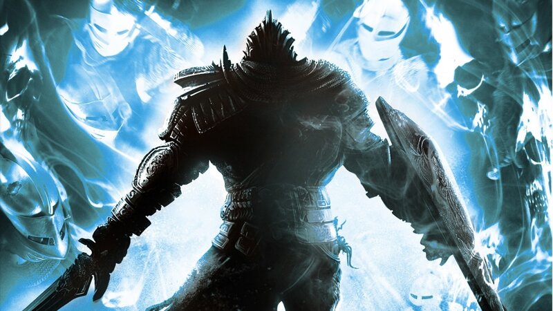 Armored Warrior with Sword — Blue, Dramatic, Digital Art, Shield, Ghostly Figures