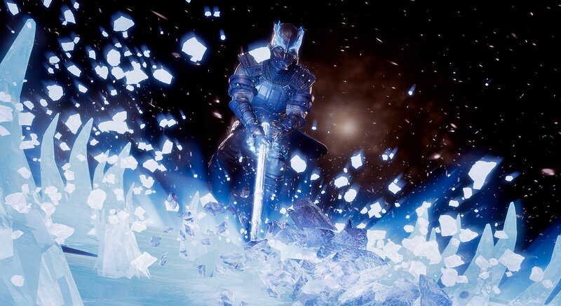 Armored Warrior with Sword — Blue, Dramatic, Night, 3d Render