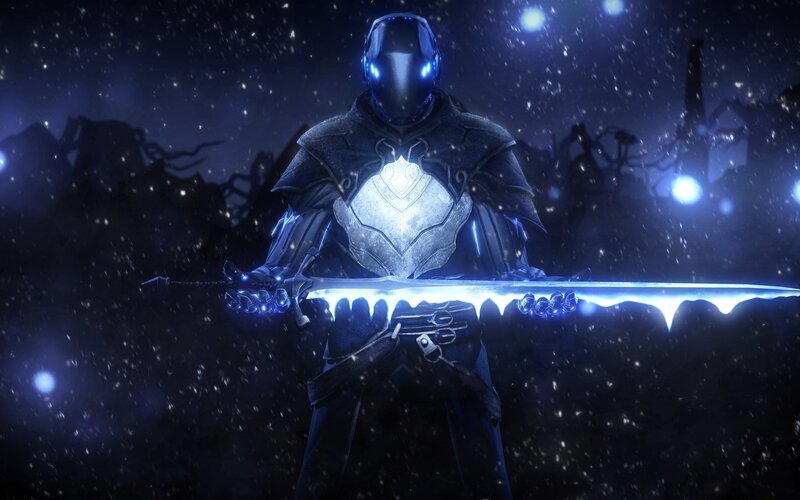 Armored Warrior with Sword — Blue, Dramatic, Night, Digital Art, Snow