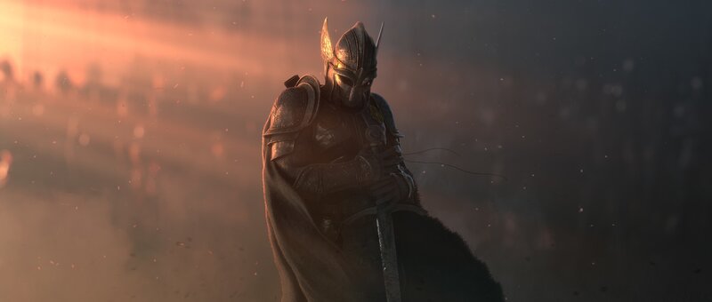 Armored Warrior with Sword — Brown, Dramatic, Sunset, 3d Render