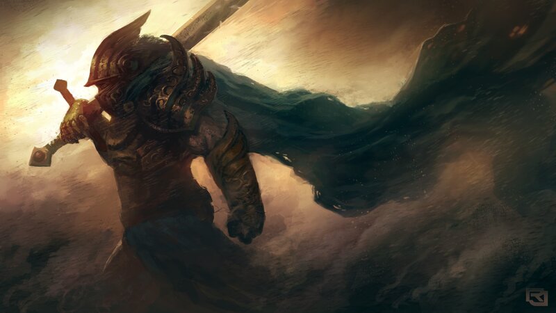 Armored Warrior with Sword — Brown, Dramatic, Sunset, Digital Art, Cape