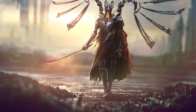 Armored Warrior with Sword — Brown, Dramatic, Sunset