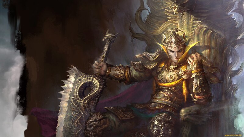 Armored Warrior with Sword — Gold, Dramatic, Digital Art, Armor, Crown