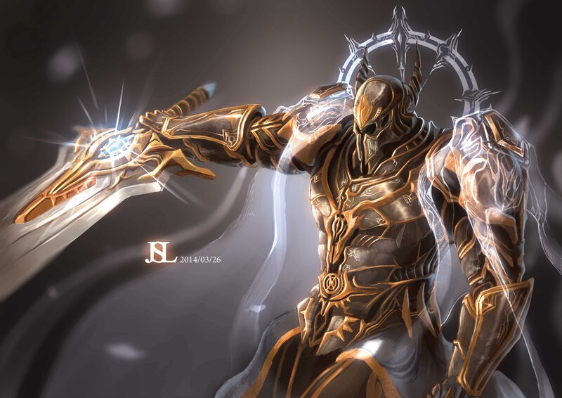 Armored Warrior with Sword — Gold, Dramatic, Digital Art, Armor, Glowing Effect