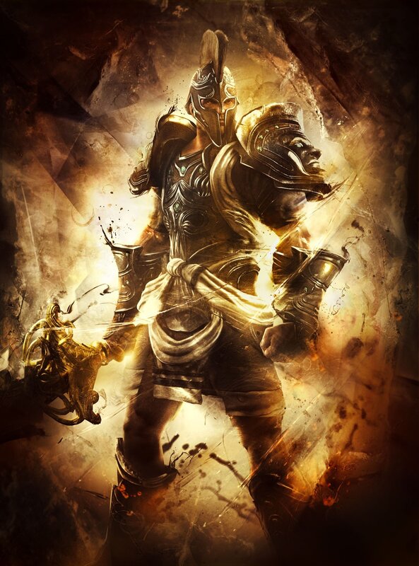Armored Warrior with Sword — Gold, Dramatic, Digital Art, Armor, Helmet, Brown