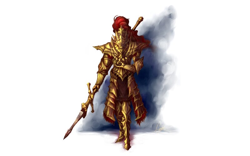 Armored Warrior with Sword — Gold, Dramatic, Digital Art, Armor