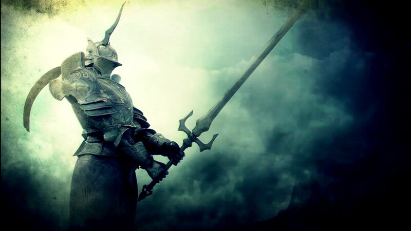 Armored Warrior with Sword — Gray, Dramatic, Digital Art, Armor, Clouds