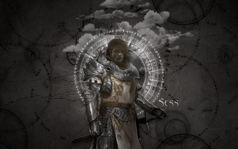 Armored Warrior with Sword — Gray, Dramatic, Digital Art, Armor, Magic Circle
