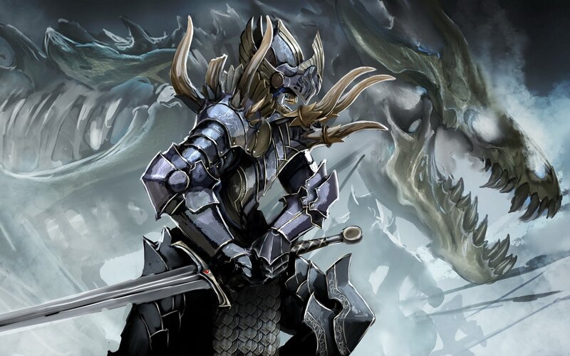 Armored Warrior with Sword — Gray, Dramatic, Digital Art, Dragon Skull