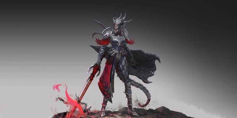 Armored Warrior with Sword — Gray, Dramatic, Digital Art, Fire, Tail