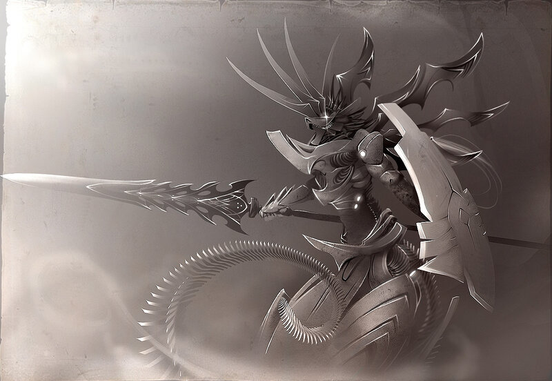 Armored Warrior with Sword — Gray, Dramatic, Digital Art, Shield, Armor