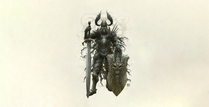 Armored Warrior with Sword — Gray, Dramatic, Digital Art, Shield, Helmet