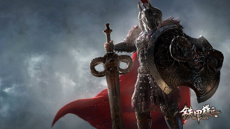 Armored Warrior with Sword — Gray, Dramatic, Digital Art, Shield, Red Cape