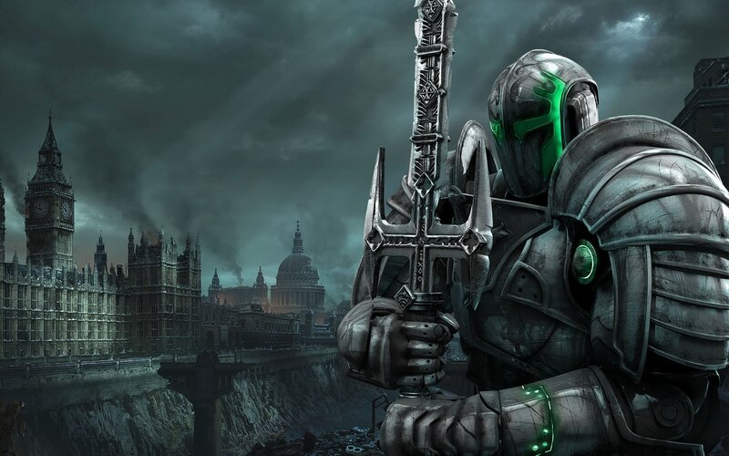 Armored Warrior with Sword — Gray, Dramatic, Night, Digital Art, London Skyline