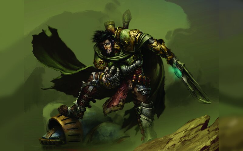 Armored Warrior with Sword — Green, Dramatic, Digital Art, Armor, Cape