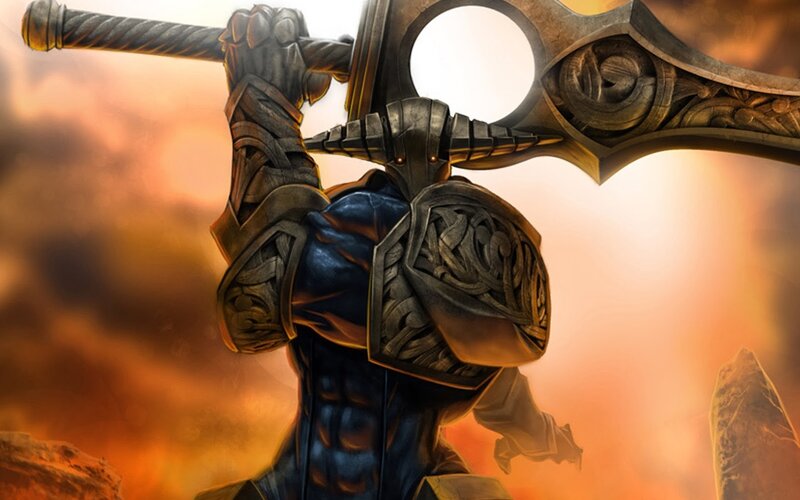Armored Warrior with Sword — Orange, Dramatic, Sunset, Digital Art, Armor, Sky
