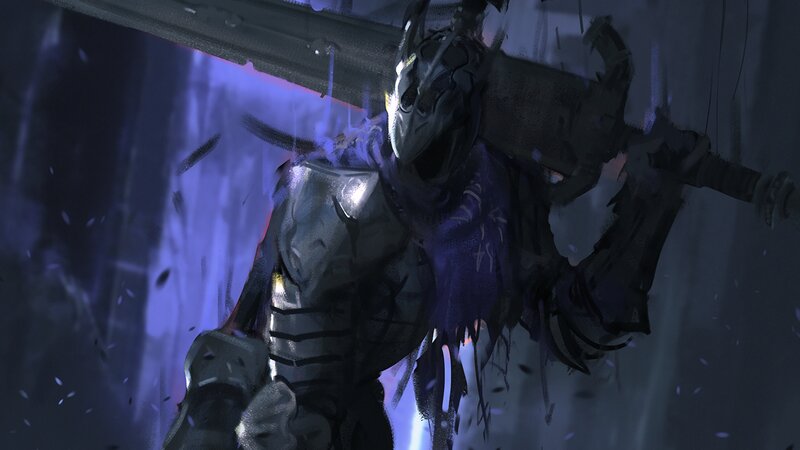 Armored Warrior with Sword — Purple, Dramatic, Night, Digital Art, Armor
