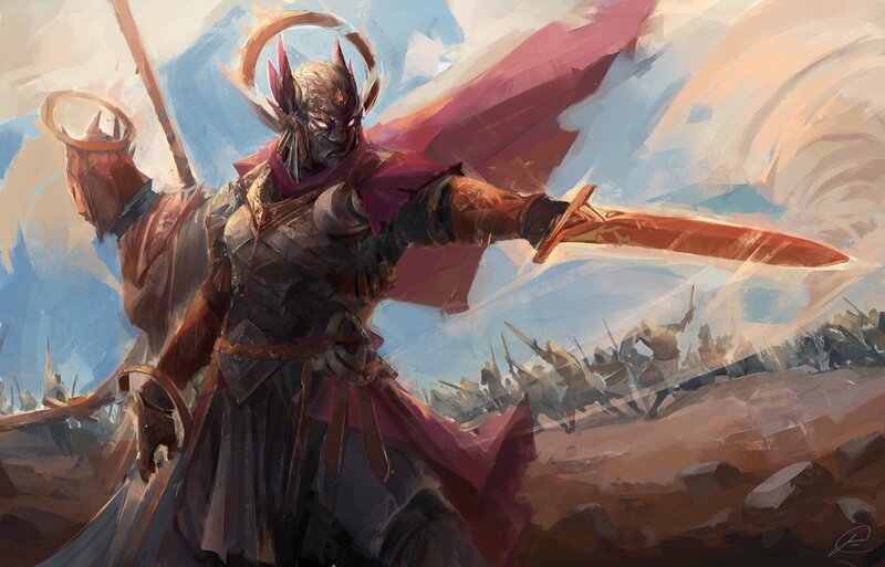 Armored Warrior with Sword — Red, Dramatic, Afternoon