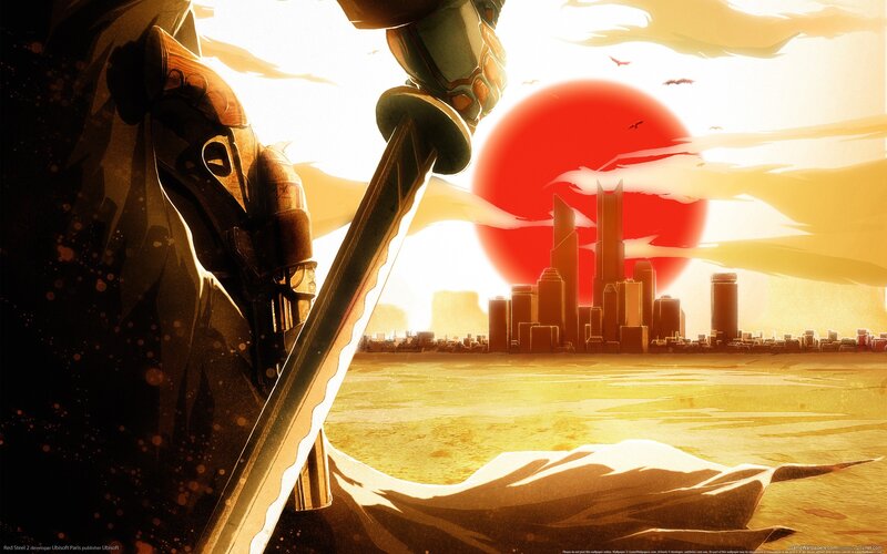 Armored Warrior with Sword — Red, Dramatic, Sunset, Digital Art, City Skyline